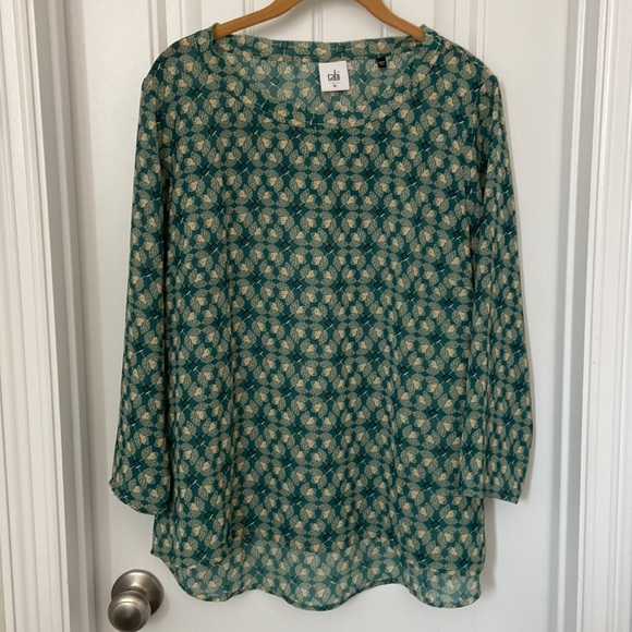 CAbi Size Large Jade Green Leaf Print Top EUC - Picture 2 of 5